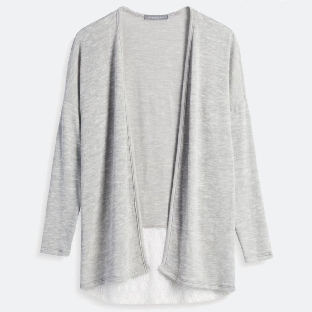 Loveappella Barney Crochet Back Cardigan, Light Grey, Size Medium